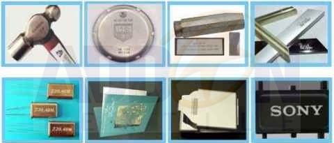 Exemples de marquage au laser sur marteau, métal, puce électronique, protection en plastique - Add on textile